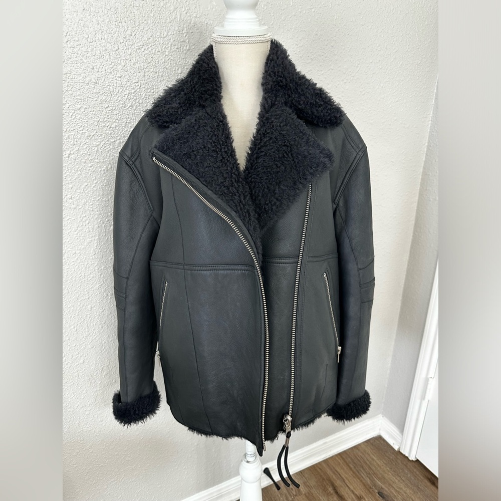 Iro Black Leather and Shearling Coat Size M - Picture 6 of 15